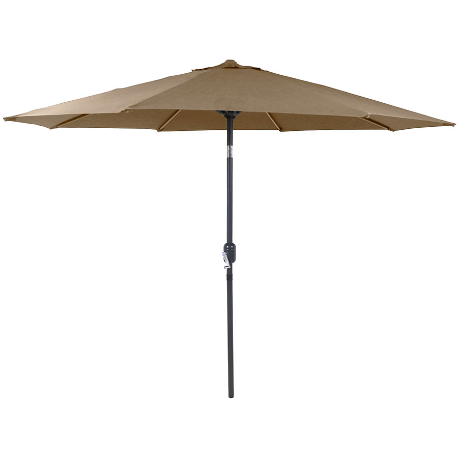 Brown metal patio umbrella with a crank and tilt feature, featuring a wide canopy supported by a sturdy black pole, ideal for outdoor shading.
