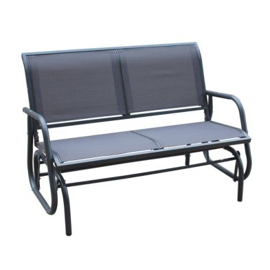 Grey steel 2-seater rocking bench featuring a sturdy frame, mesh seating, and a sleek design, perfect for outdoor relaxation.