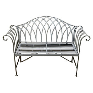 Grey wrought iron bench featuring a decorative arched backrest and curved armrests, with a slatted seat and sturdy legs for outdoor use.
