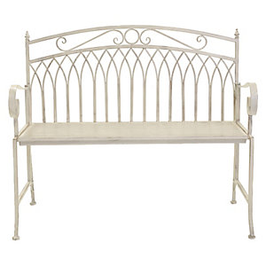 Wrought iron 2-seater bench in grey and white with a rust-proof finish, featuring an arched backrest and decorative scrollwork, ideal for outdoor garden or patio use.