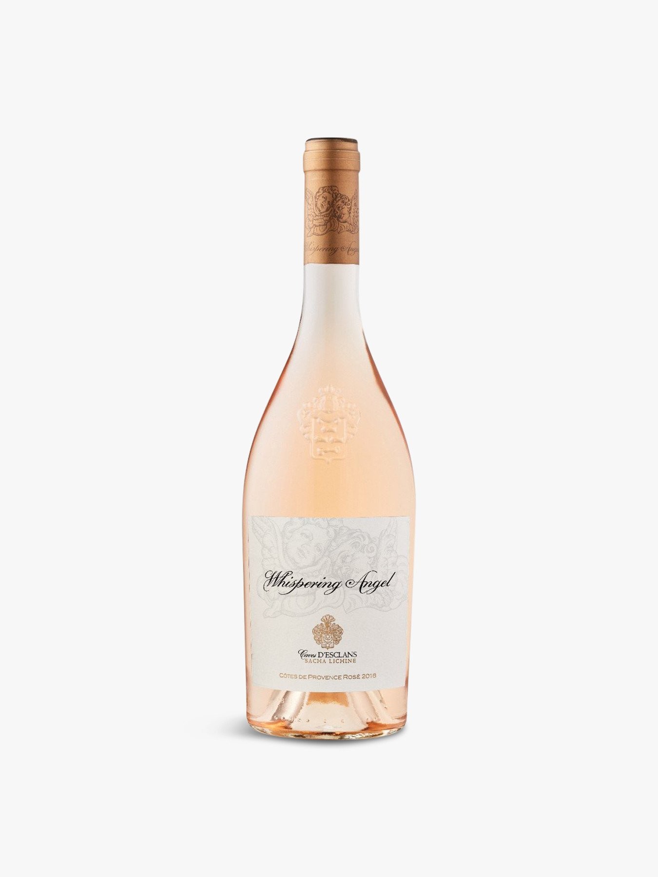 Chateau D'Esclans Whispering Angel Rosé Magnum bottle, 1.5 L, features a light pink hue, elegant glass design, and a decorative label with cursive text and a crest.