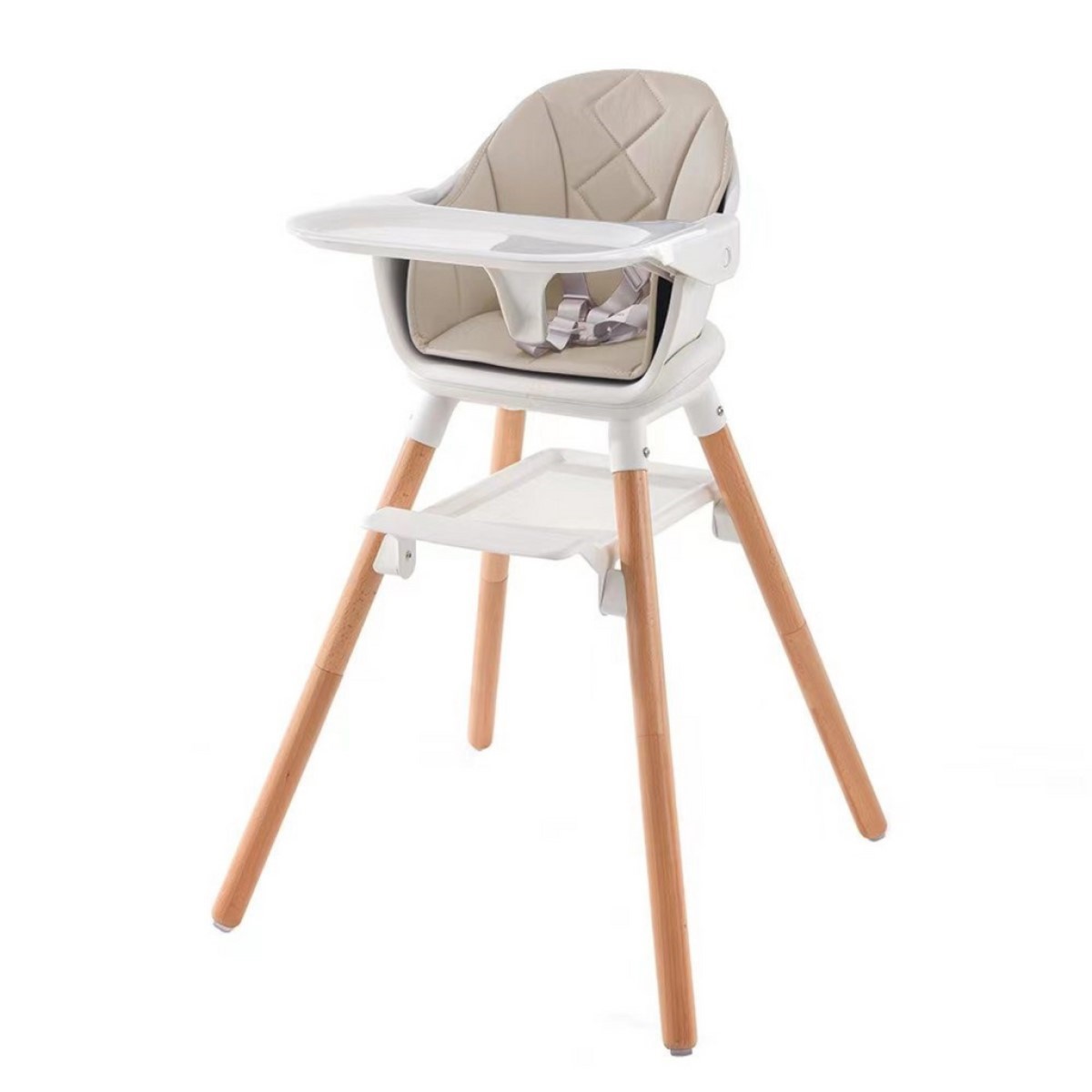 Beige and cream 6-in-1 high chair with a padded seat, safety harness, adjustable tray, and wooden legs, featuring a modern design and quilted backrest.