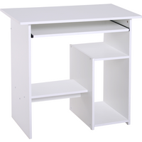 White HOMCOM computer desk with keyboard tray, two open shelves, and a compact design, 73.5 cm high.