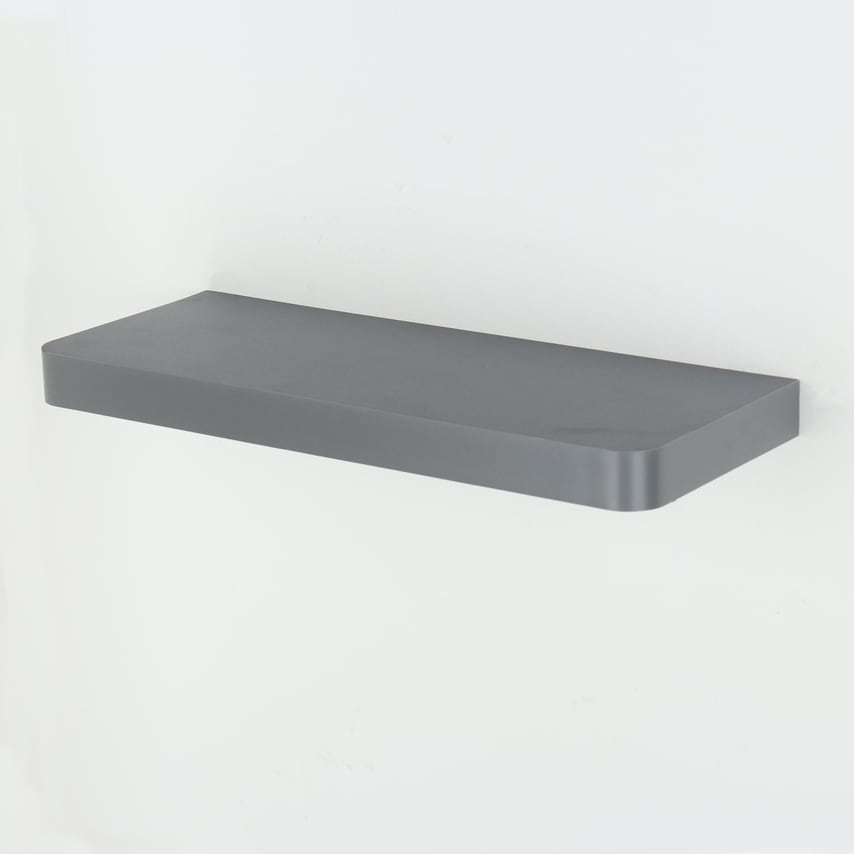 50cm wide floating shelf kit in a sleek matte grey finish, featuring a minimalist design with rounded edges, suitable for various wall-mounted displays.