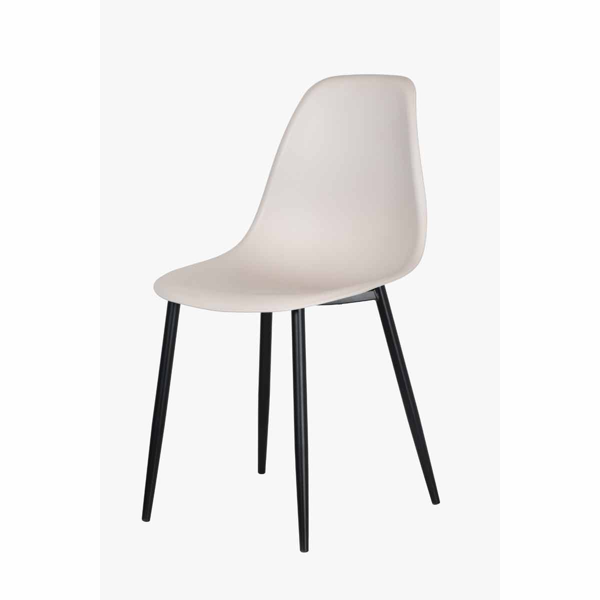 Cream-colored plastic seat chair with a curved backrest and sleek black metal legs, designed for comfort and modern aesthetics, sold as a pair.