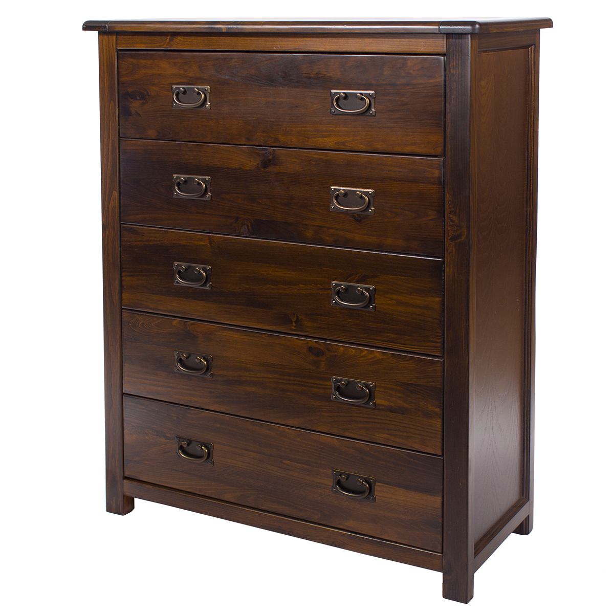 Brown wooden 5-drawer chest with a smooth finish, featuring metal handles and a classic design, ideal for storage and organization in any room.