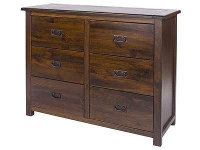 Brown wooden wide chest with six drawers, featuring a smooth top, metal handles, and a rustic finish, ideal for storage and organization.