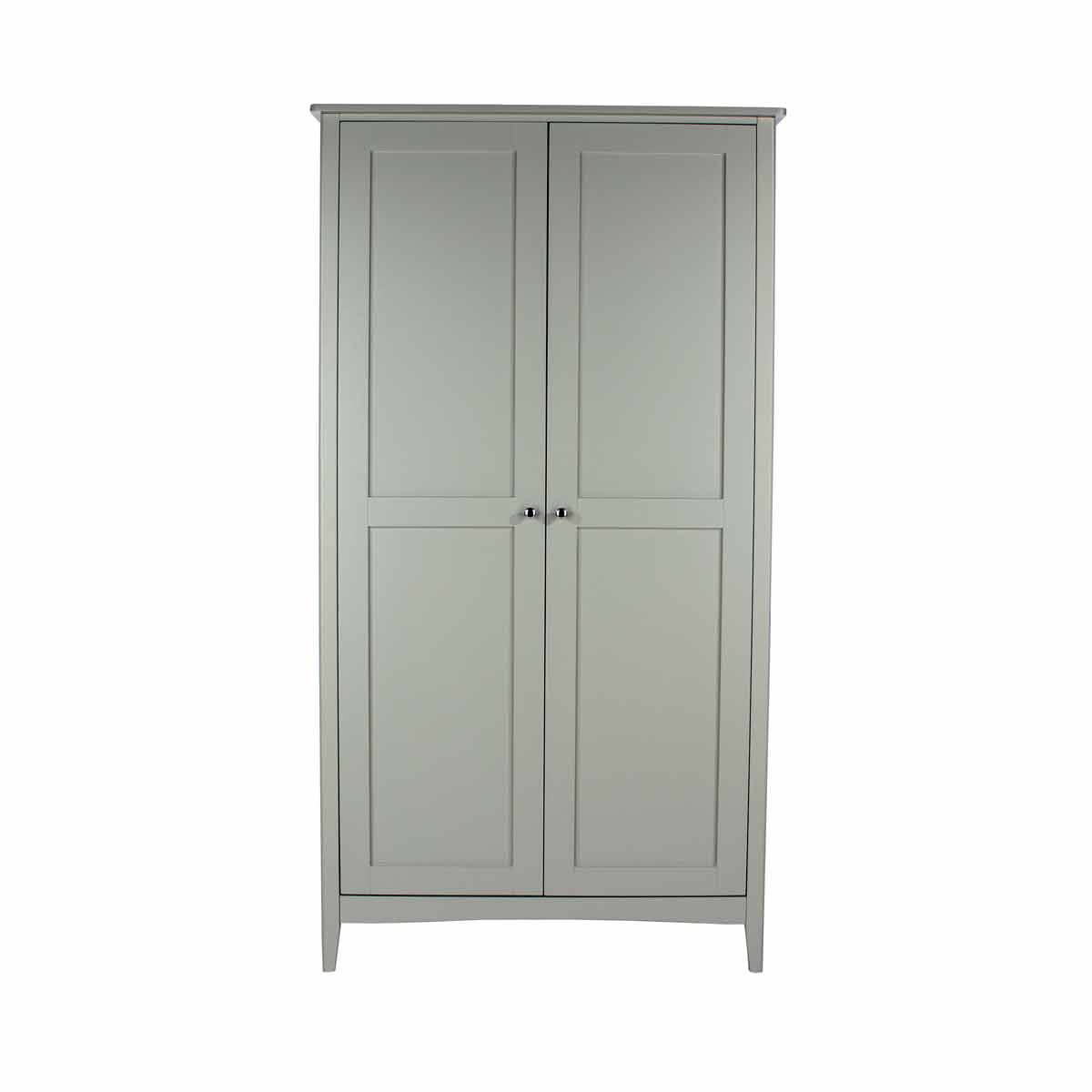 Two-door wardrobe in a soft grey finish, featuring a smooth surface, simple panel design, and sleek metal knobs, perfect for modern storage solutions.