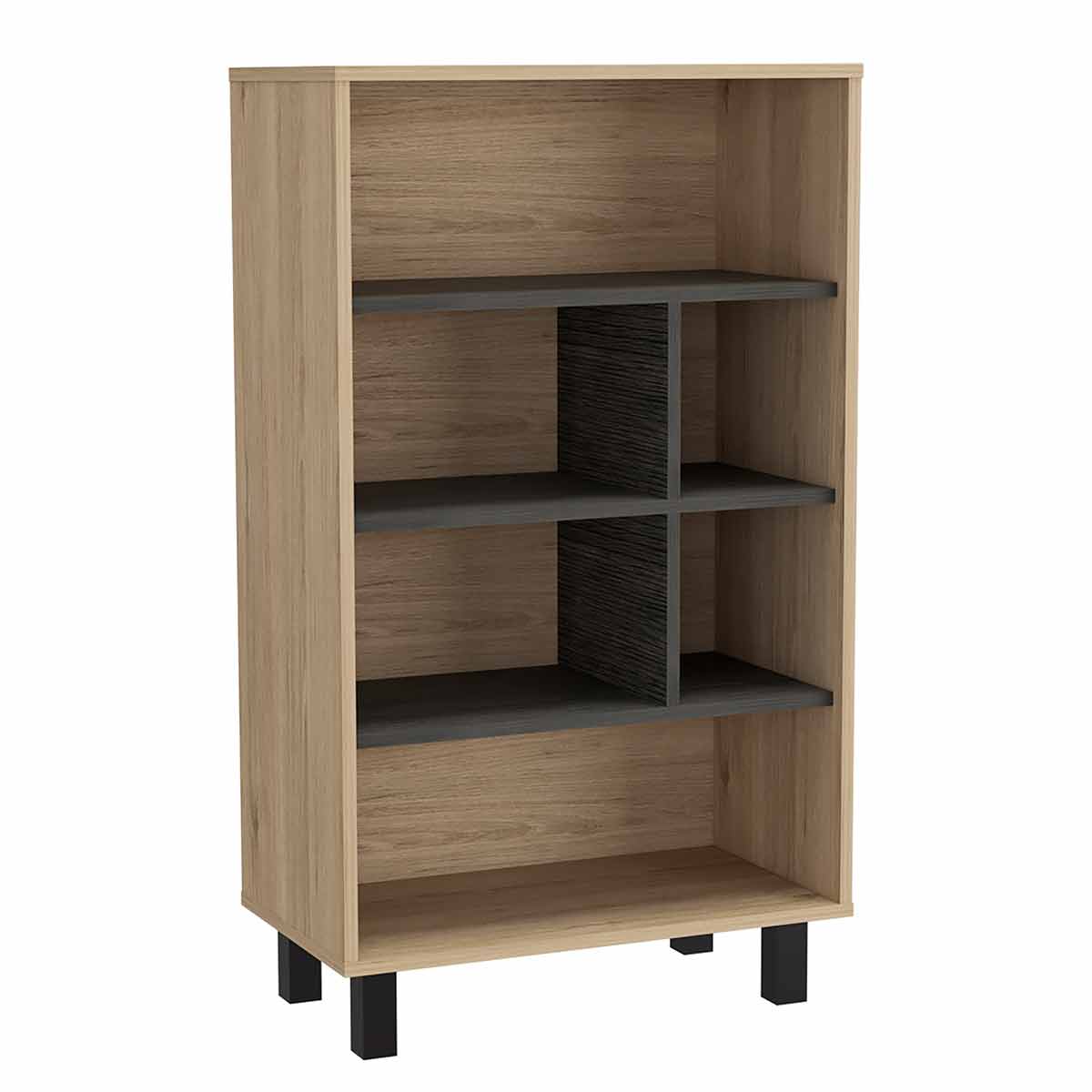 Light oak display bookcase featuring four shelves, contrasting black accents, and a modern design with sturdy black legs.
