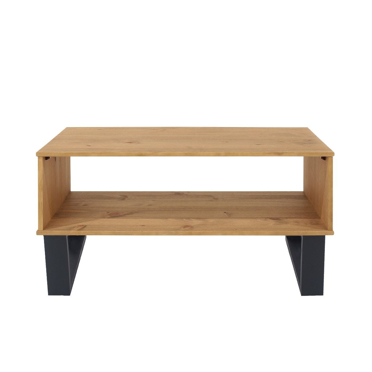 Texas Open Coffee Table features a natural wood finish with a sleek, minimalist design, complemented by sturdy black metal legs and an open shelf for storage.
