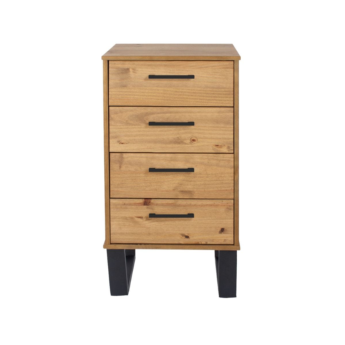 Narrow chest with four brown waxed pine drawers, featuring black metal handles and sturdy black legs, showcasing a rustic yet modern design.