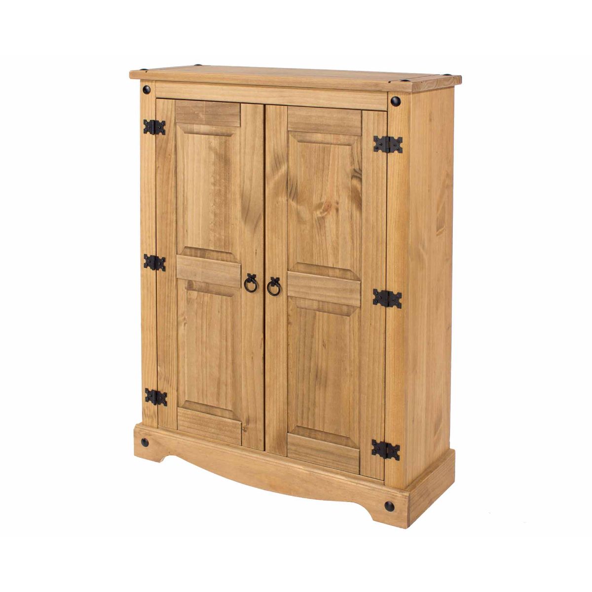 Brown pine cupboard with two doors, featuring black metal hinges and handles, a smooth top surface, and a classic design with a curved base.