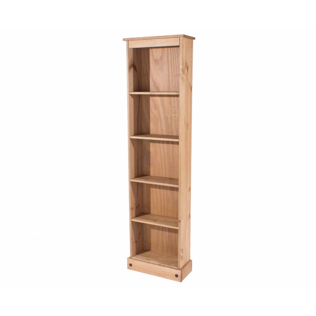 Tall narrow bookcase in a warm brown finish, featuring five open shelves made of solid wood, designed for compact storage and display.