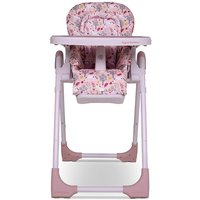 Pink Cosatto Noodle 0+ highchair with unicorn garden pattern, padded seat, adjustable tray, and sturdy legs.