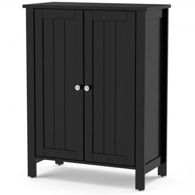Freestanding black bathroom floor cabinet with two doors, adjustable shelves, and a sleek, modern design featuring vertical paneling.