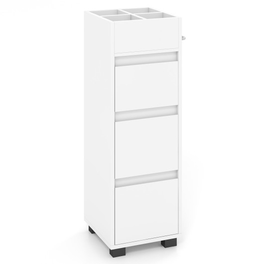 Freestanding white bathroom floor cabinet with three drawers, a top compartment with dividers, and black feet for stability.