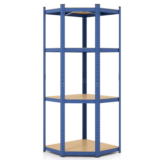 4-tier corner shelving unit in blue metal with wooden shelves, designed for heavy-duty use, suitable for warehouses, pantries, sheds, and kitchens, holding up to 720kg.