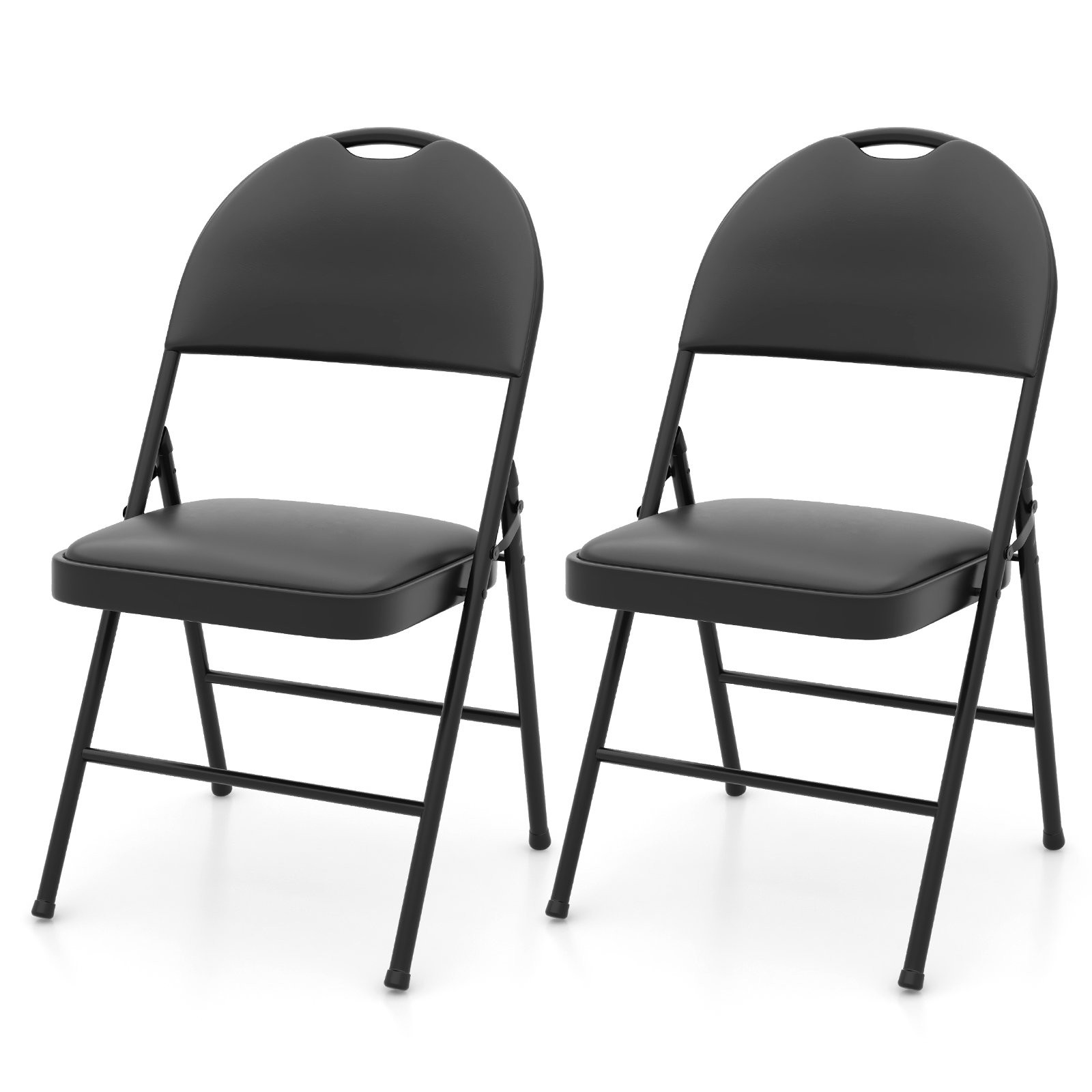 Two black padded folding chairs with metal frames and built-in carry handles, designed for parties and events, featuring a sleek and modern design.
