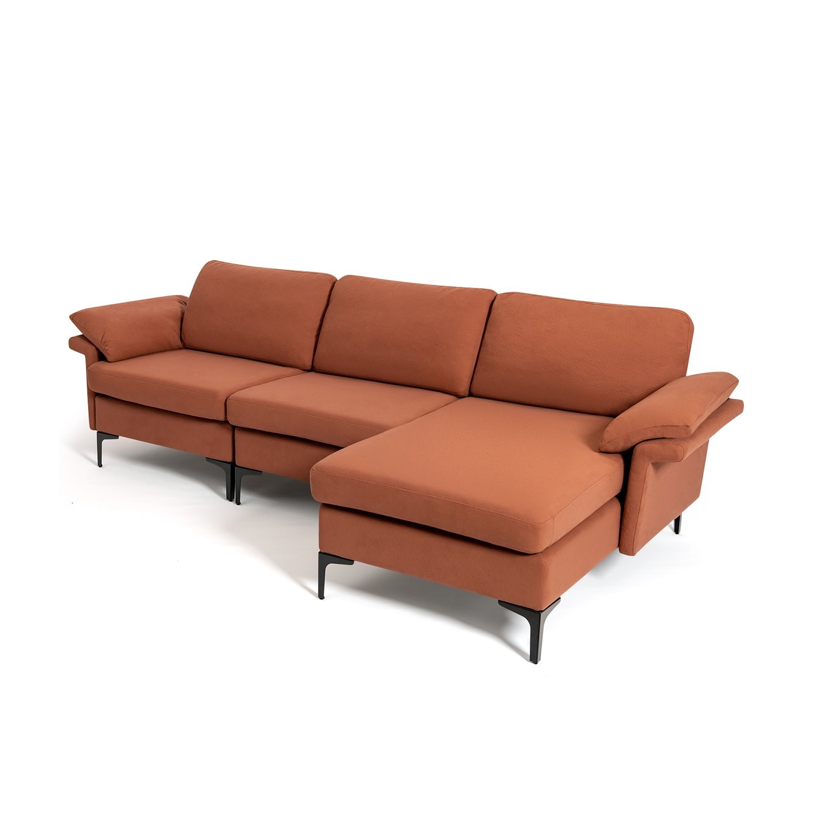 L-shaped 3-seat sectional sofa in a vibrant red upholstery, featuring plush cushions, a modern design, and sleek black metal legs for added stability.