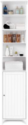 Tall, freestanding white cabinet with seven tiers, featuring open shelves displaying various toiletries and a closed lower section with a textured door.