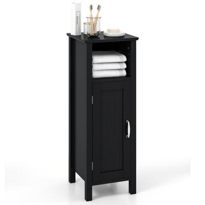 Black 2-tier bathroom storage organizer featuring a top shelf for toiletries, a cabinet with a door for concealed storage, and a sleek, modern design.