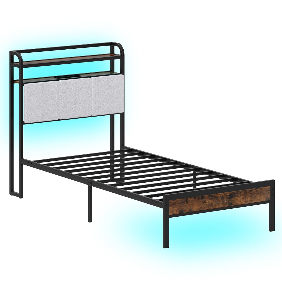 King size bed frame featuring a sleek black metal structure, wooden accents, a padded headboard with three grey fabric panels, and integrated LED lights and charging station.