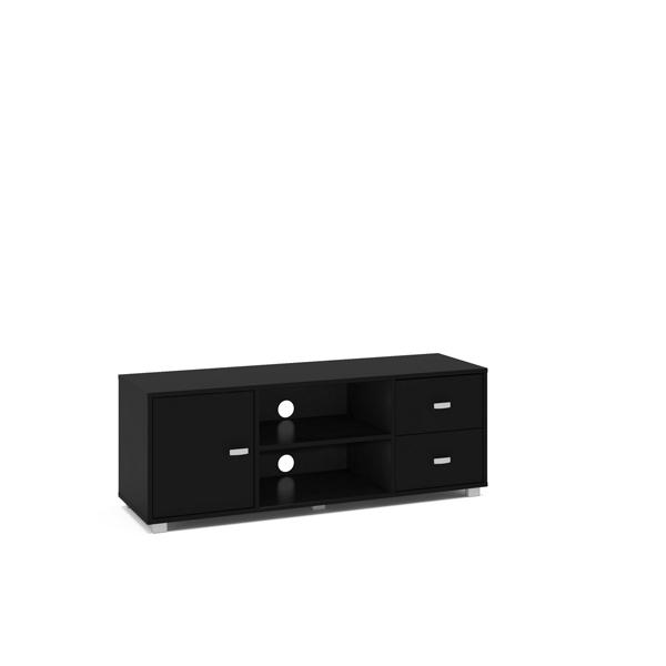 Black gloss TV cabinet with two drawers, one cabinet door, and open shelving, featuring sleek chrome handles and a modern design.