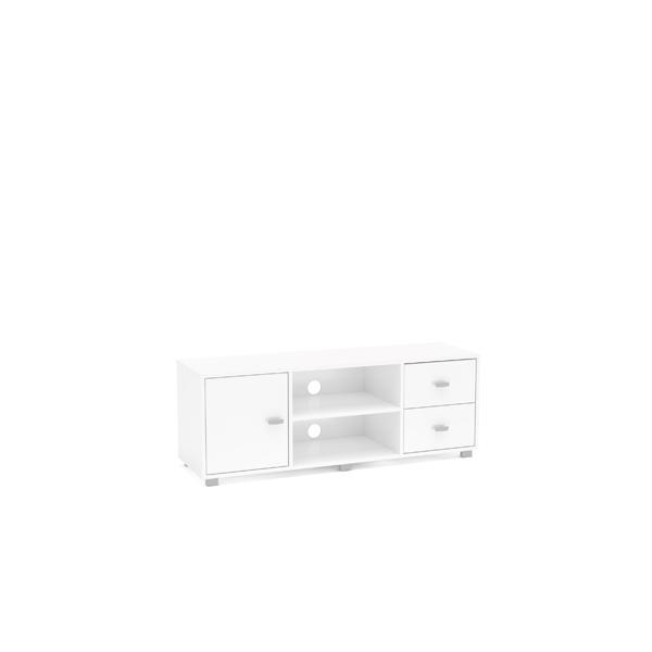 White gloss TV cabinet featuring two drawers, an open shelf, and a side cabinet with a door, designed for entertainment units.
