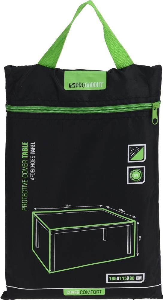 Black waterproof garden table cover with green accents, featuring a carrying handle and dimensions printed on the front, designed for outdoor table protection.