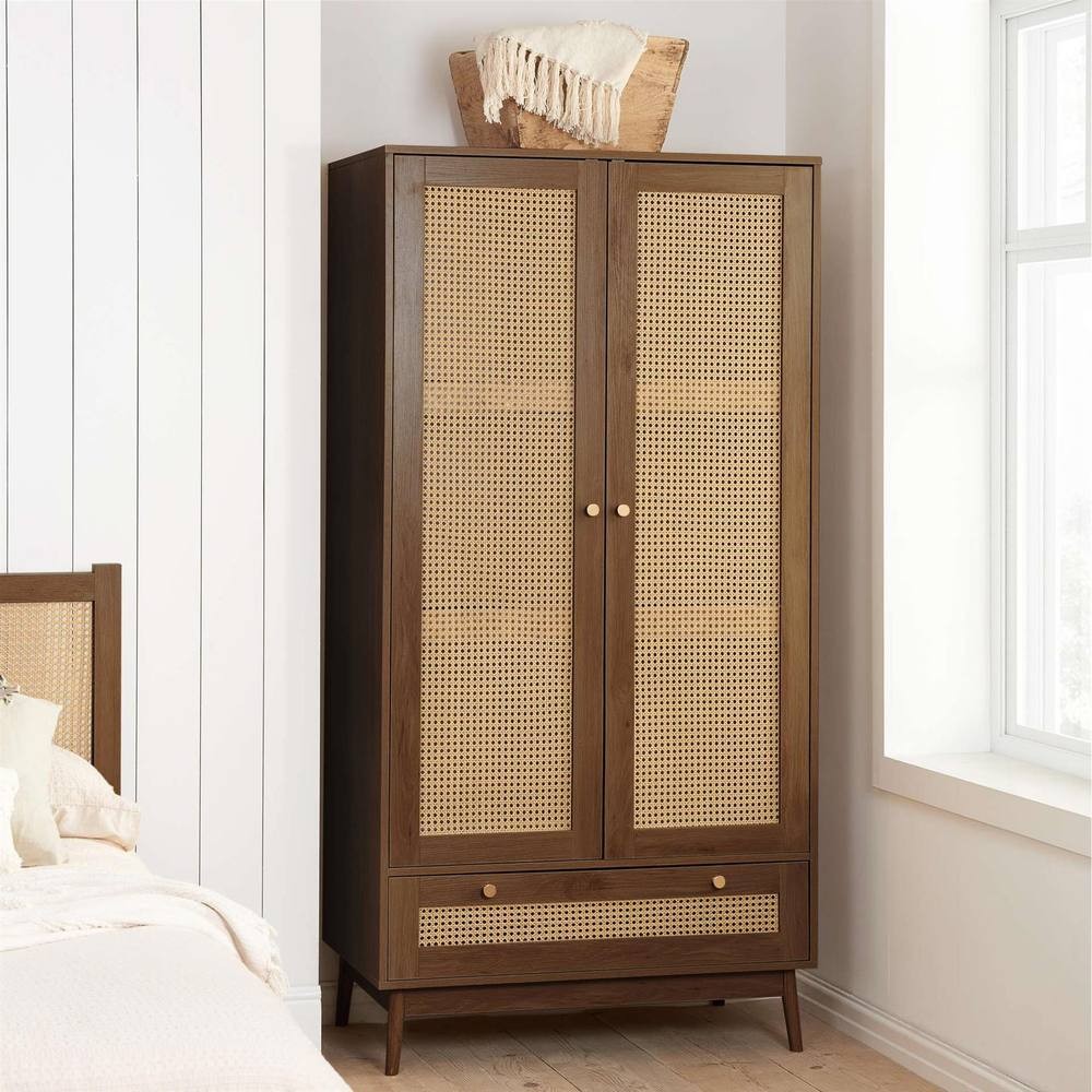 Walnut 2-door wardrobe featuring rattan panels, a single drawer, and mid-century modern design, complemented by tapered legs and a natural finish.