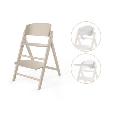 Cybex GOLD Click & Fold 3-in-1 high chair in natural wood finish, featuring adjustable seat and footrest, with optional infant seat and tray attachments shown in circular insets.