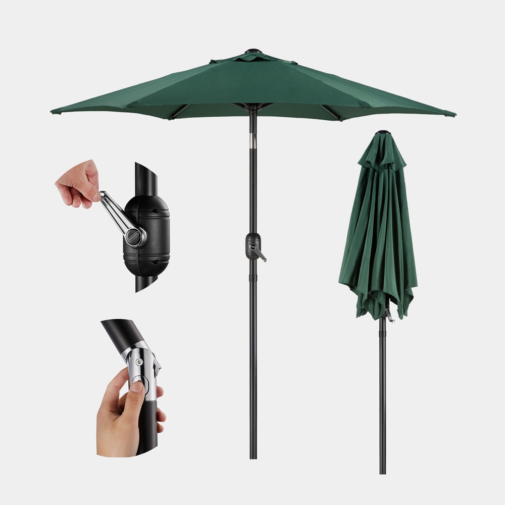 Green 2m steel garden parasol with a sturdy pole, adjustable tilt mechanism, and a matching fabric cover, showcasing a hand adjusting the height and a close-up of the base.