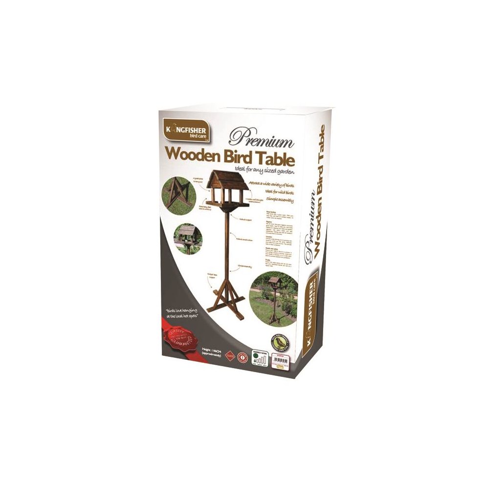 Dark wood bird feeder with a slanted roof, supported by a sturdy wooden stand, designed for garden use, featuring a spacious feeding platform for birds.