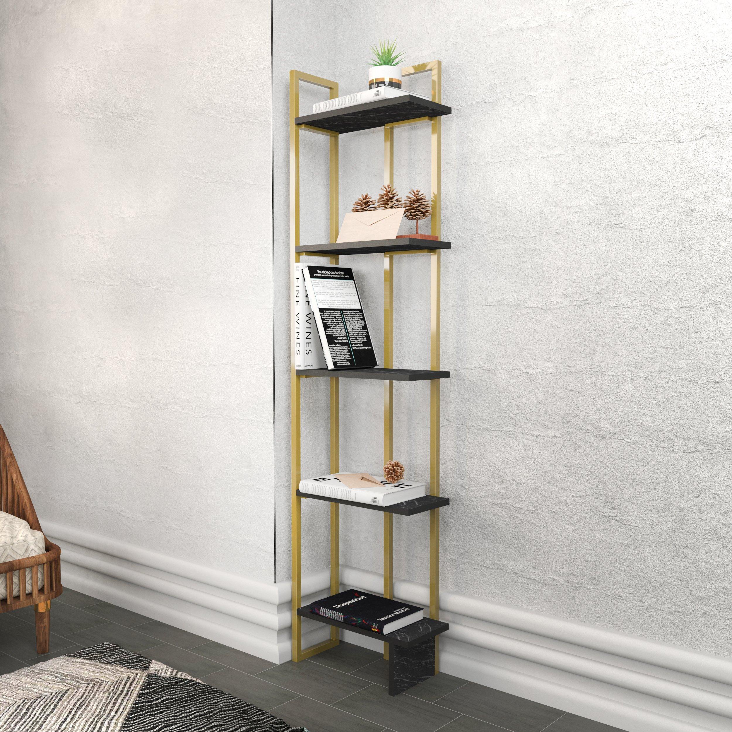 5-tier corner bookcase featuring a gold metal frame and black marble effect shelves, designed for stylish storage with decorative plants and books displayed.