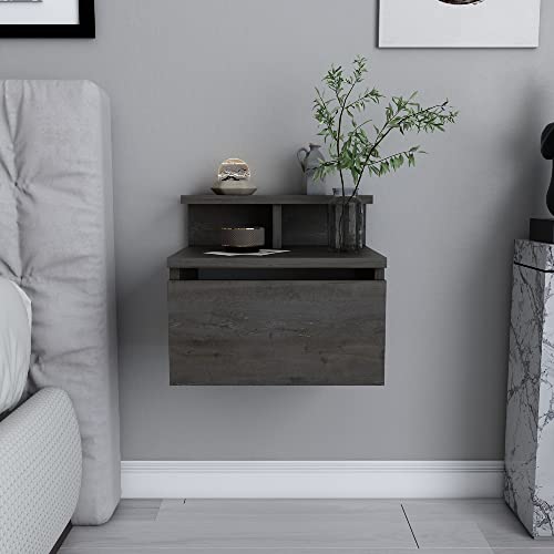 Floating nightstand in wenge finish with a silver drawer, featuring an upper shelf and a minimalist design, mounted against a light gray wall beside a bed.