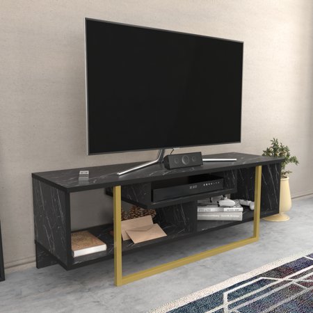 Lanca 150 cm TV stand in oak pattern with a sleek black marble finish, featuring a gold metal frame, open shelves, and a modern design, perfect for stylish living spaces.