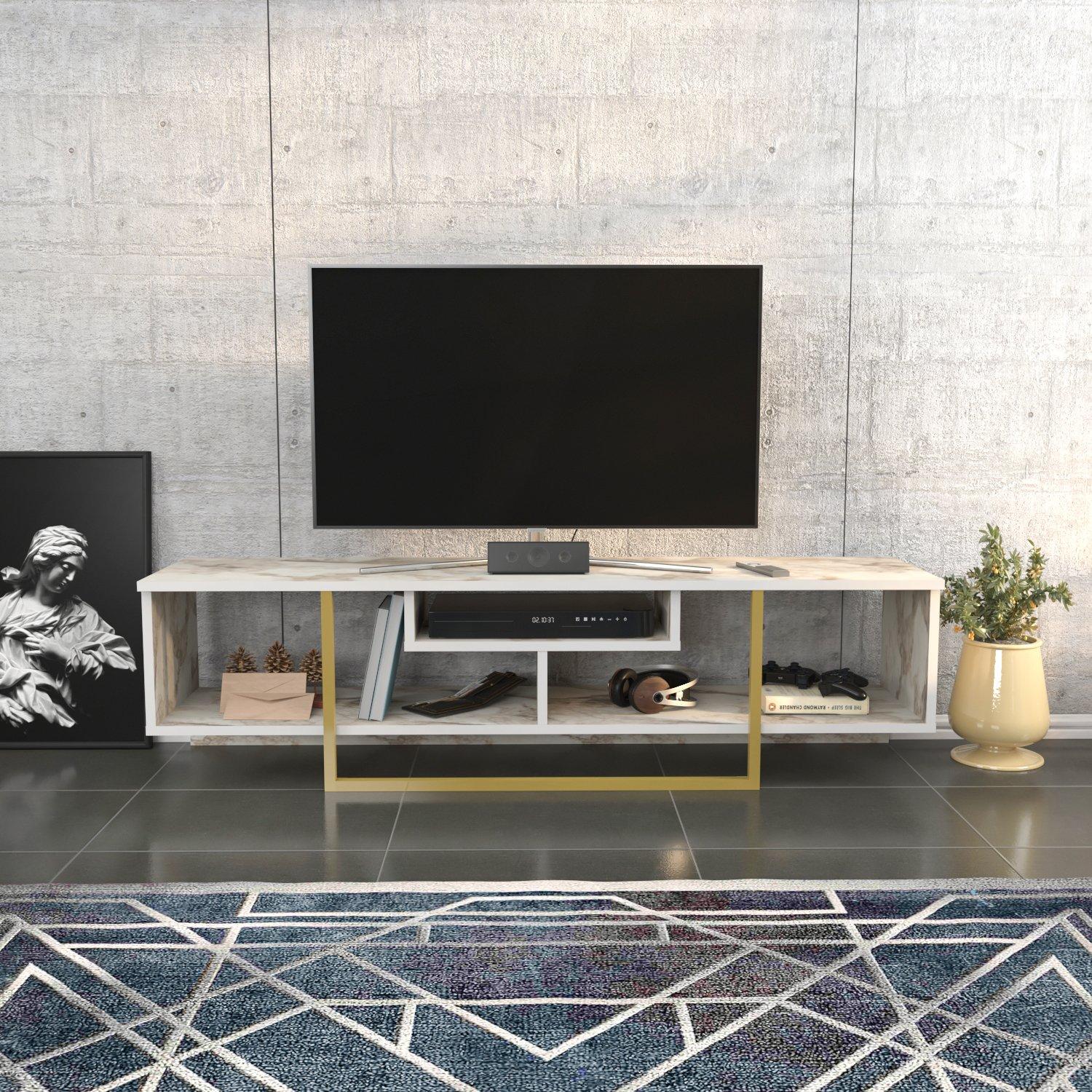 Modern 150 cm wide TV unit in Ephesus and gold, featuring a sleek design with open shelves, a central compartment, and a stylish gold metal frame, set against a concrete wall.