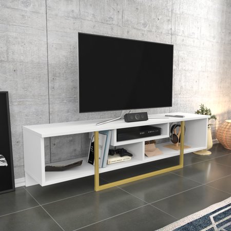 Modern white wood TV stand with a gold metal frame, designed for 65-inch TVs, featuring open shelving and a sleek, minimalist style against a concrete wall backdrop.