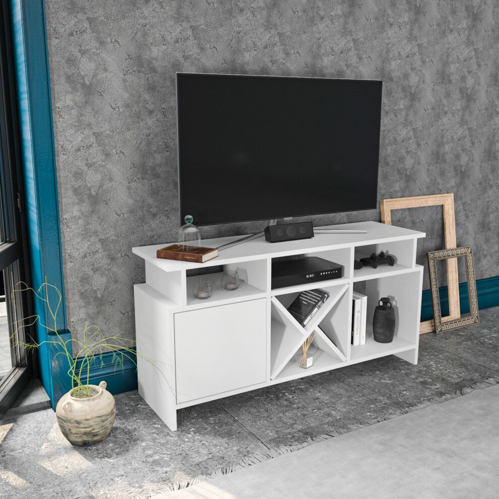 Aubrun TV stand in white and oak pattern featuring open shelves, a closed cabinet, and a modern design, suitable for TVs up to 55 inches, set against a textured gray wall.