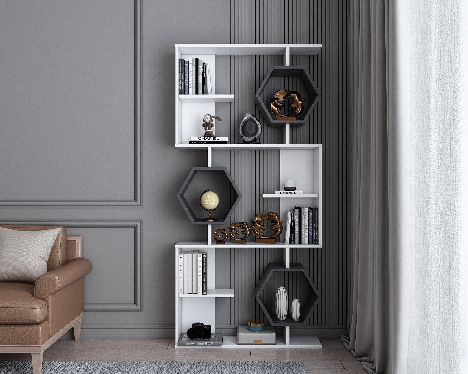 Stylish 6-tier geometric bookshelf in white and walnut, featuring hexagonal shelves, a modern design, and space for books and decorative items, set against a gray wall.