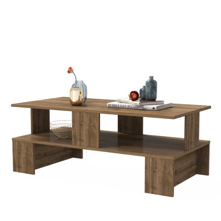 Walnut brown coffee table featuring a sleek design with two open shelves, perfect for home or office use, showcasing decorative items and a modern aesthetic.