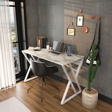 Modern industrial desk featuring a marble finish top, white metal frame, and shelves, paired with a black chair and decorative elements in a stylish interior setting.
