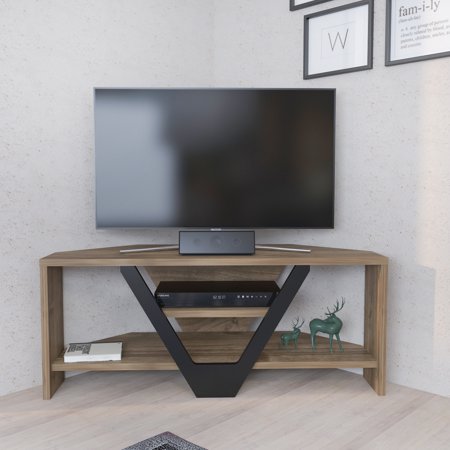 Modern corner TV unit in oud oak and black, featuring a sleek design with a triangular base, suitable for TVs up to 40 inches, with open shelves for media storage.