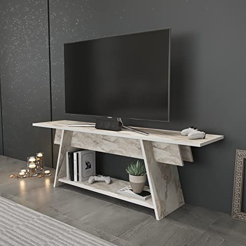 White marble effect TV stand with cream accents, featuring a sleek design, open shelf for storage, and a sturdy top surface suitable for TVs up to 65 inches.