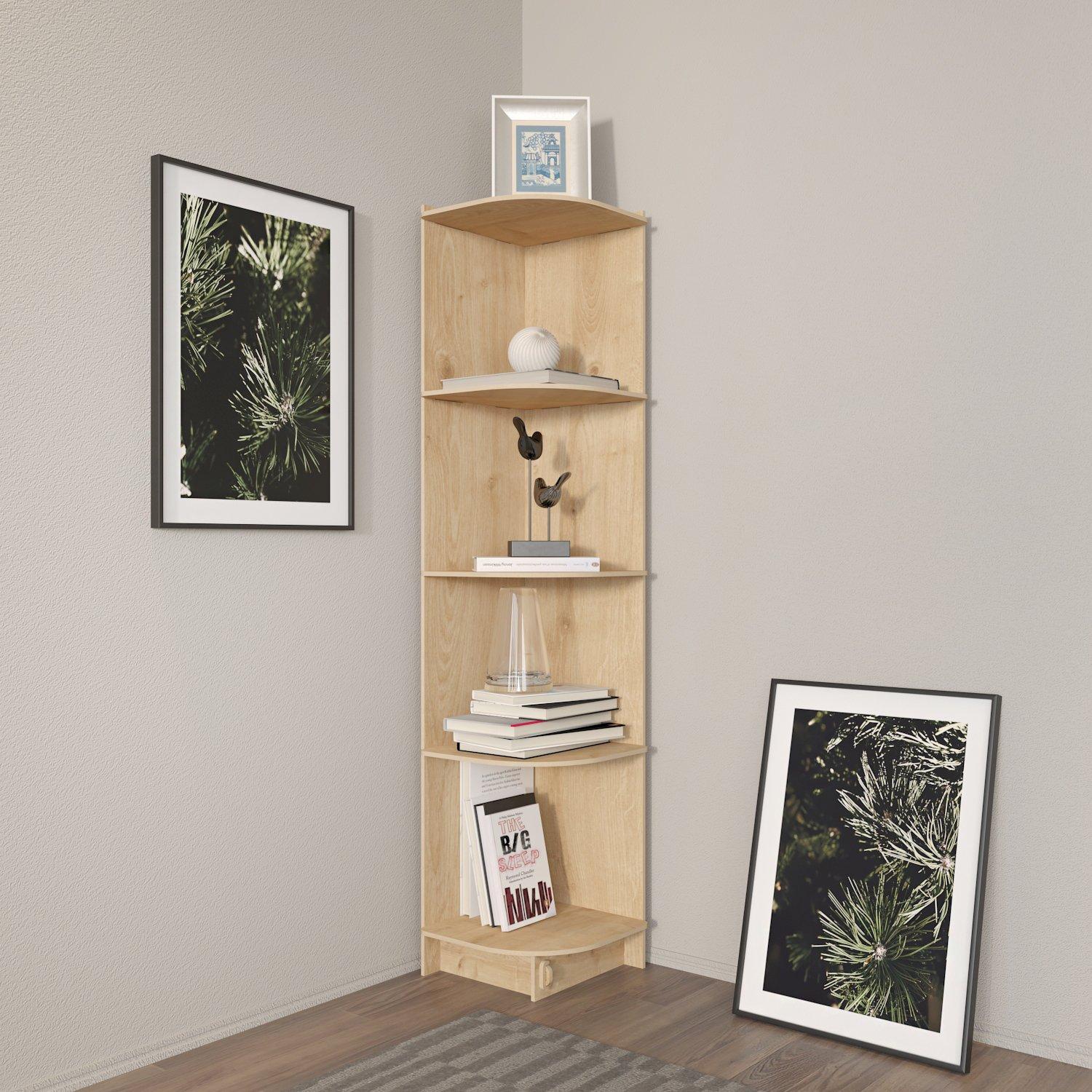 5-tier corner bookshelf in brown MDF with a screwless design, featuring open shelves for books and decor, placed in a modern room with framed artwork.