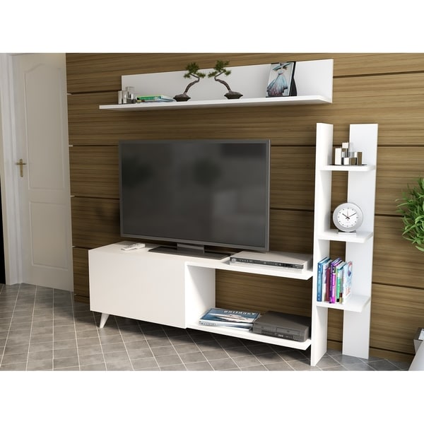 White and grey modern TV stand with sleek design, featuring open shelves, a closed cabinet, and a tall bookshelf, suitable for TVs up to 71 inches, set against a wooden wall.