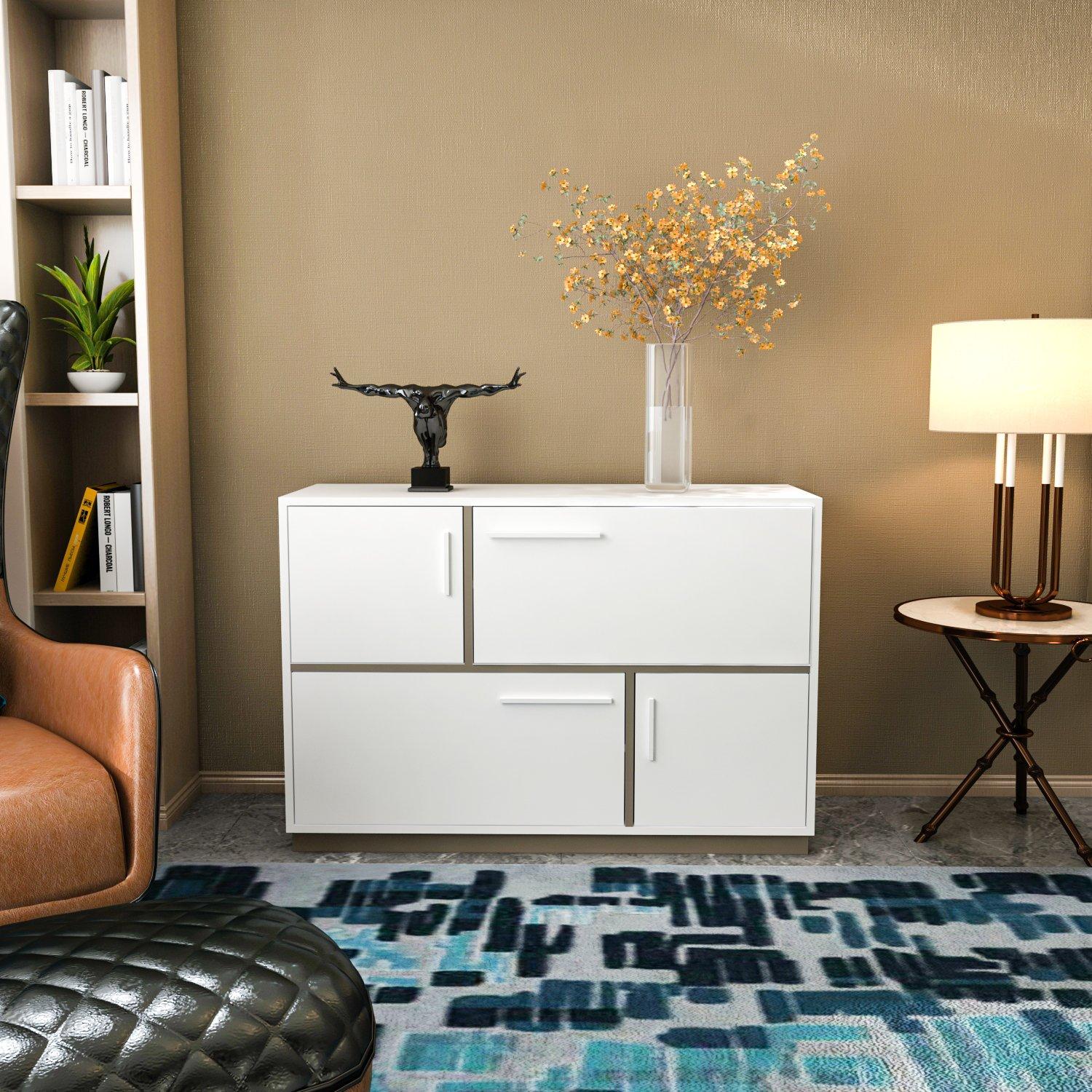 White MARES Sideboard Storage Cabinet featuring a galaxy pattern, with two drawers and two doors, set in a modern living space with decorative elements.