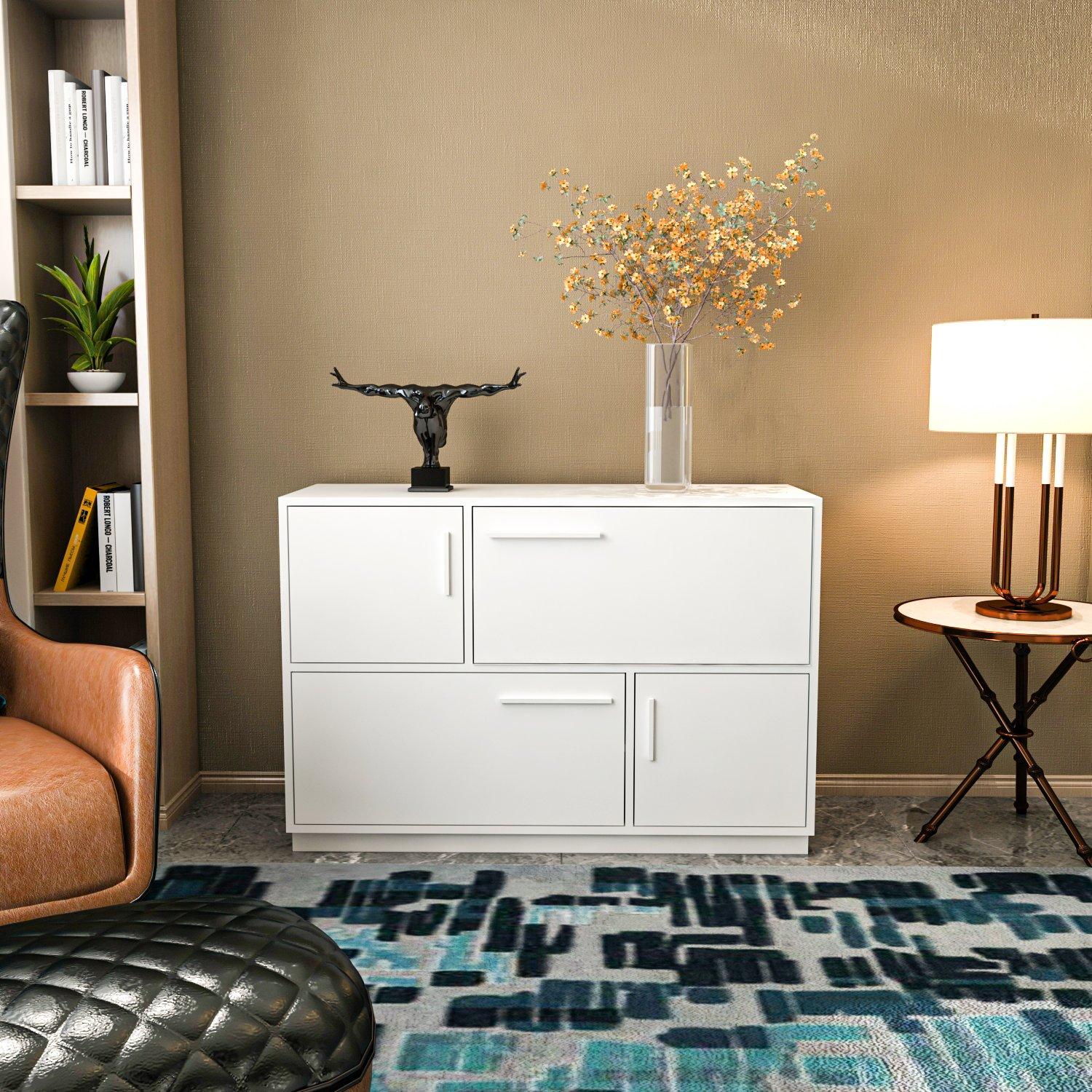 White MARES sideboard storage cabinet featuring a sleek design with two drawers and a cabinet, set against a neutral wall, complemented by decorative elements like a vase and lamp.