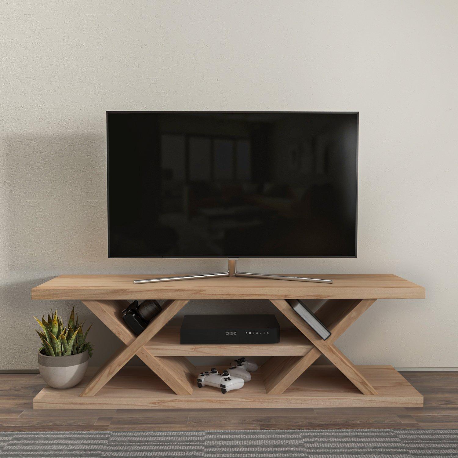 Brown MDF TV stand with a modern design, featuring an open shelf for media devices, a decorative plant, and a sleek TV on top, suitable for TVs up to 60 inches.