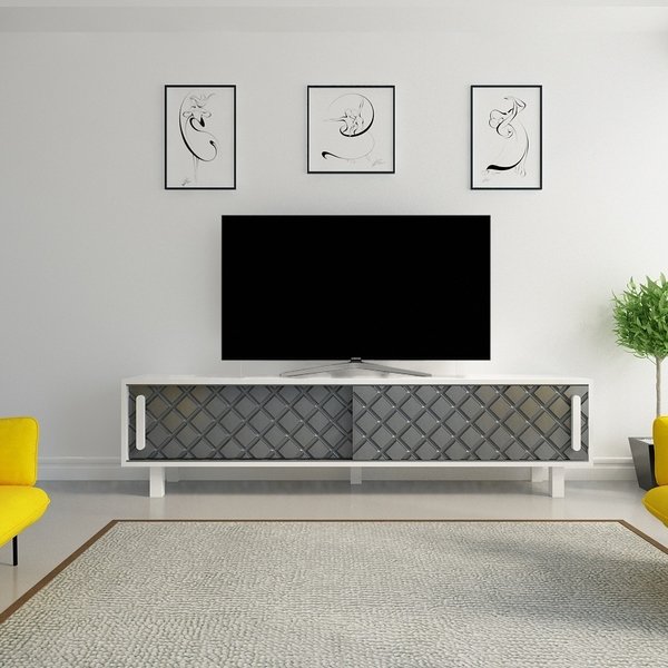 Stylish 150 cm wide TV stand in Cordoba and white, featuring a sleek design with a textured grey front, two storage compartments, and modern handles, complemented by a minimalist room setting.